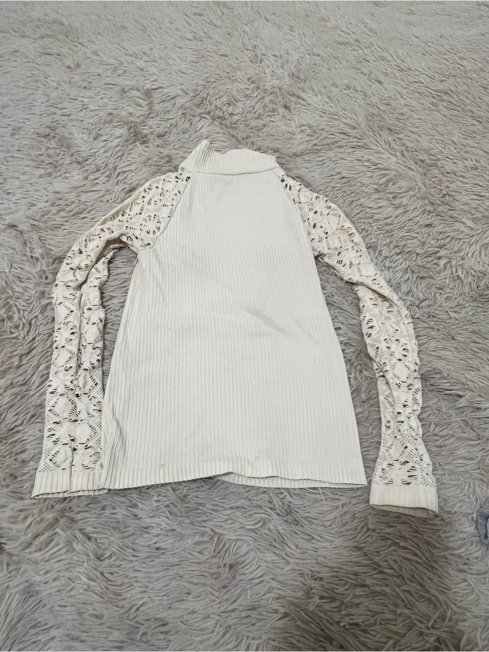 Free People Cream Ribbed Mock Neck Top with Lace Sleeves